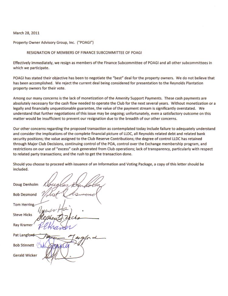 Reynolds Plantation POAGI finance committee resignation letter